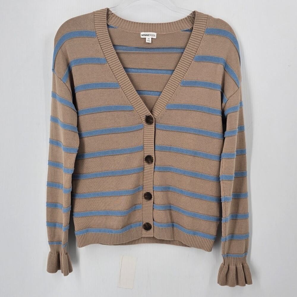 Minnie Rose Cotton Stripe Ruffle Cuff Cardigan Brown Sugar Blue Size XS